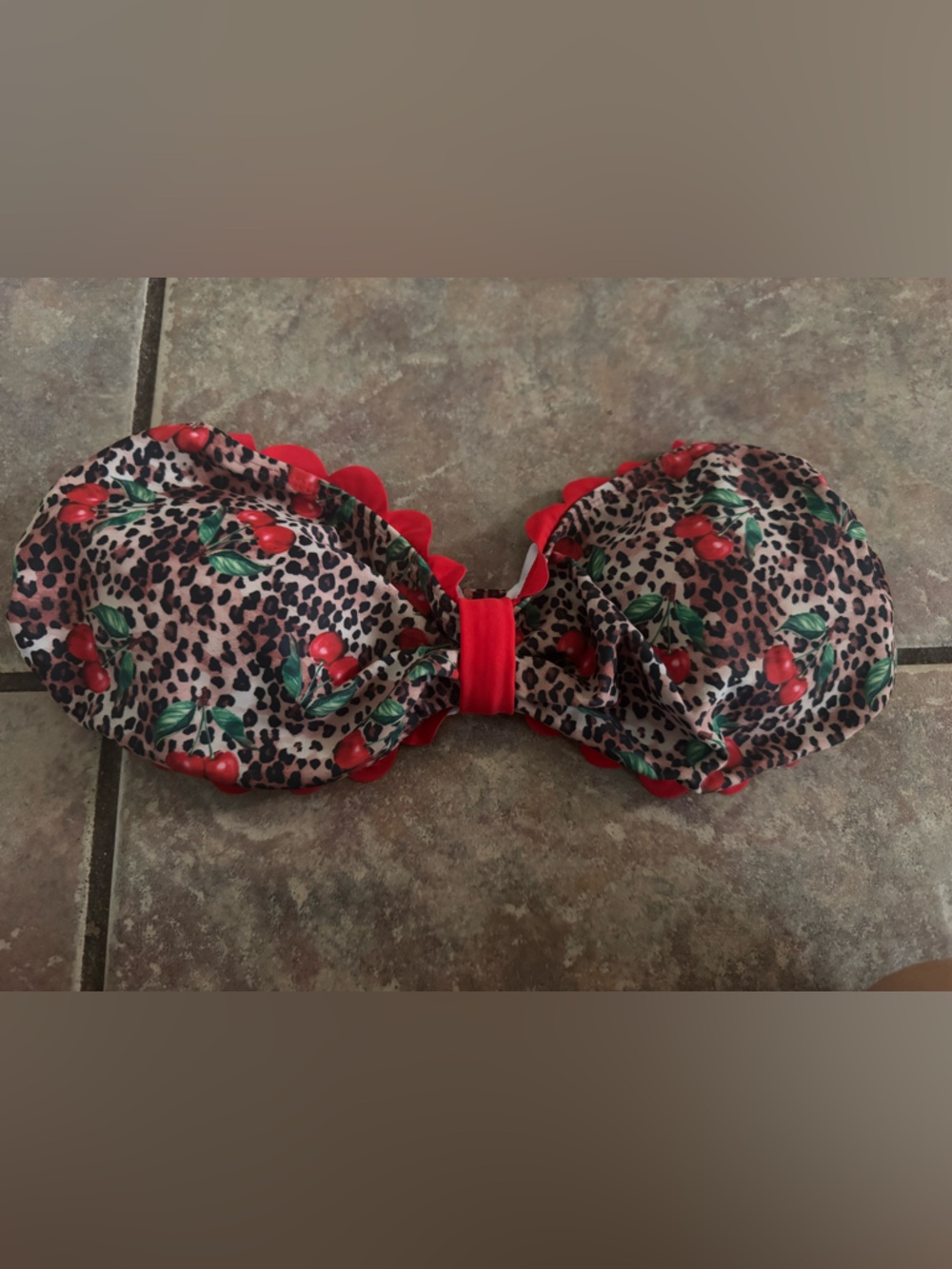 Cherry & Leopard Print Bikini Top in Red and Brown